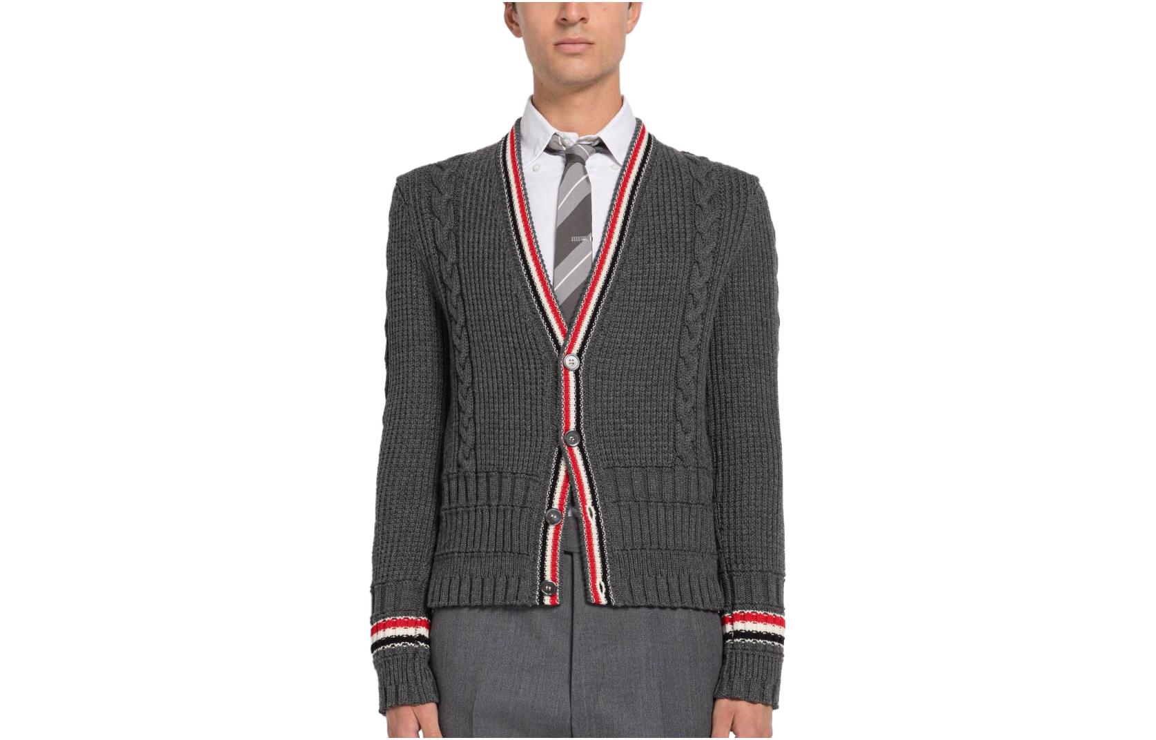 Order 톰 브라운 SS23 그레이 스트라이프 V넥 모헤어 니트 가디건 스웨터 MKC454A-Y1024-035