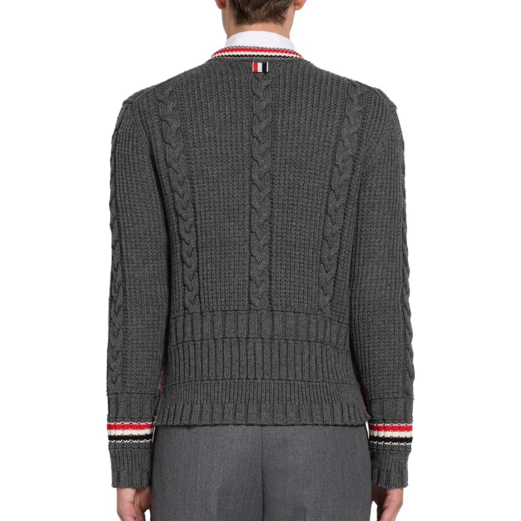 Shop 톰 브라운 SS23 그레이 스트라이프 V넥 모헤어 니트 가디건 스웨터 MKC454A-Y1024-035