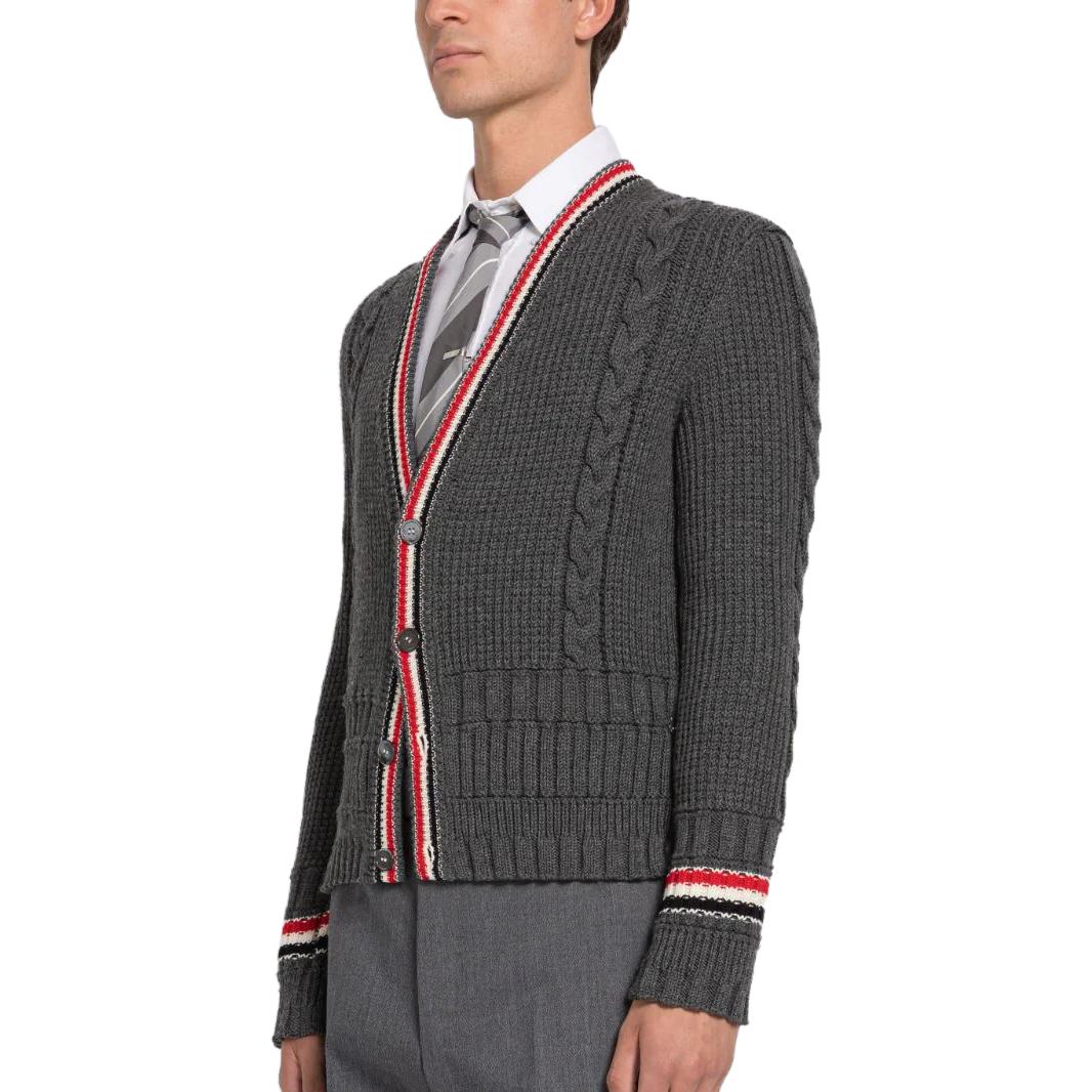 Purchase 톰 브라운 SS23 그레이 스트라이프 V넥 모헤어 니트 가디건 스웨터 MKC454A-Y1024-035