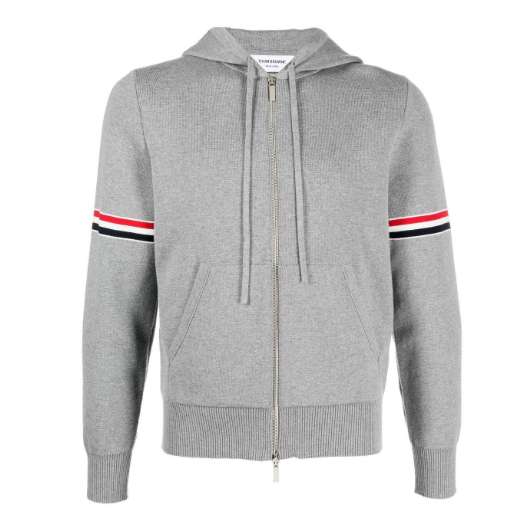 THOM BROWNE SS23  Grey Cardigan Hoodie with Tricolor Armband Design. MKT008A-Y3007-055