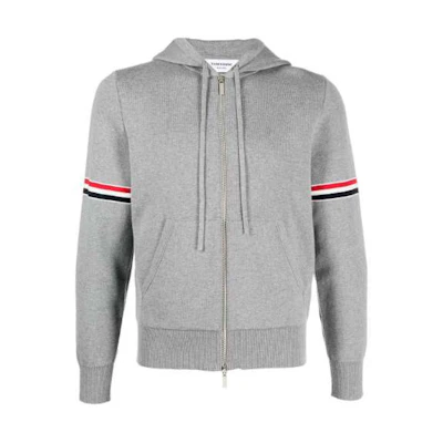THOM BROWNE SS23 Grey Cardigan Hoodie with Tricolor Armband Design. MKT008A-Y3007-055