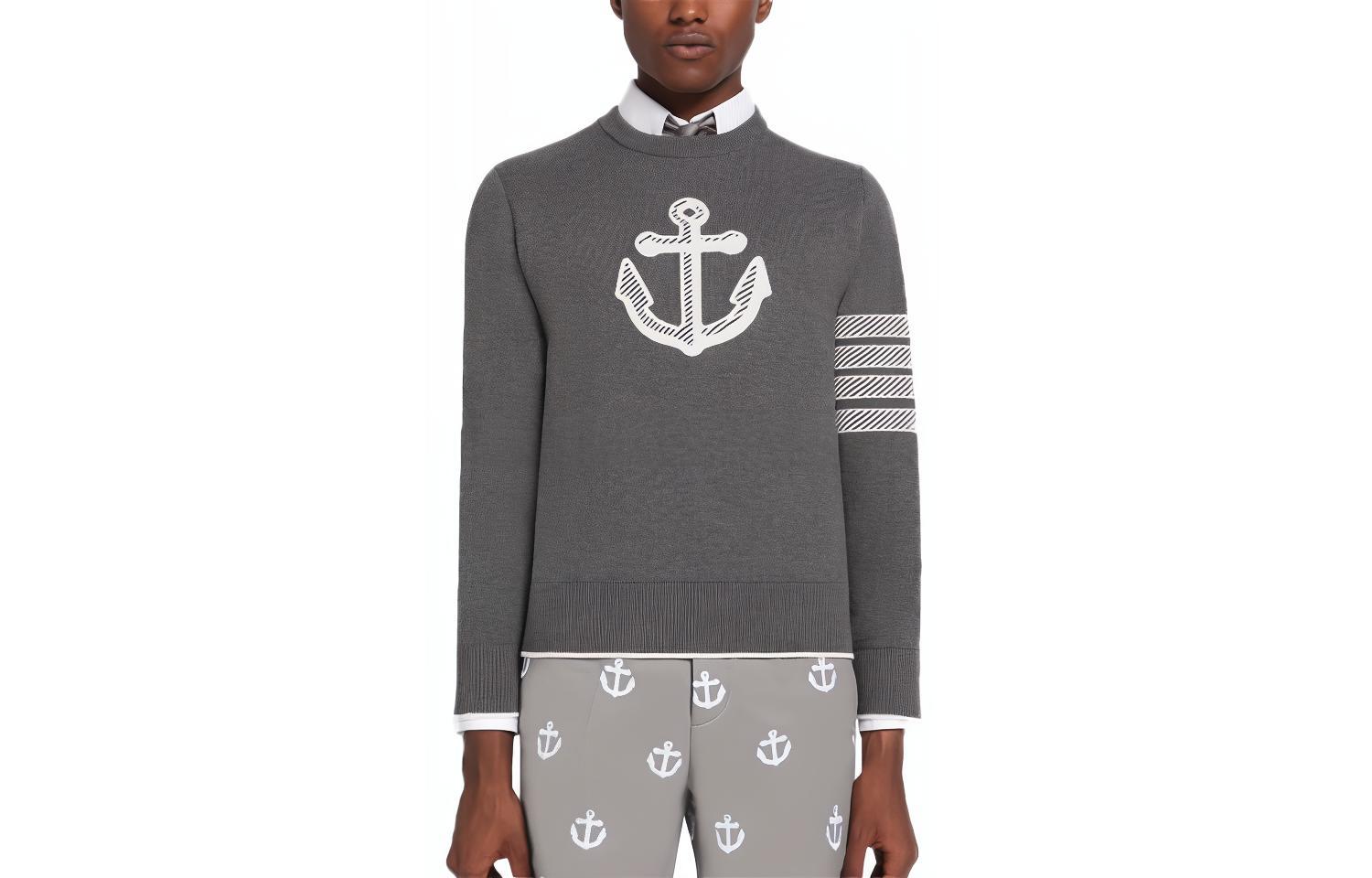 THOM BROWNE SS23  Grey Four-Bar Anchor Jacquard Crewneck Sweater. MKA458A-Y3006-035