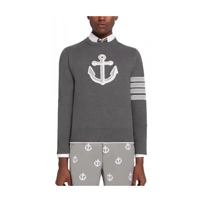 THOM BROWNE SS23 Grey Four-Bar Anchor Jacquard Crewneck Sweater. MKA458A-Y3006-035