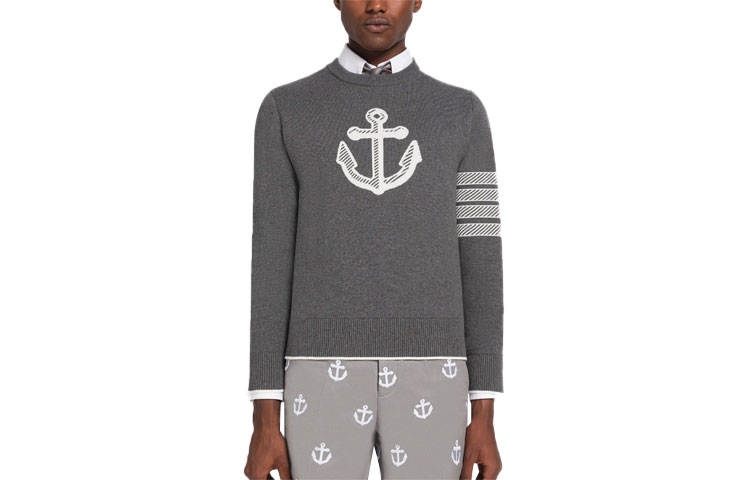 Order THOM BROWNE SS23 Sweater Abu Grey Four-Bar Anchor Jacquard Crewneck. MKA458A-Y3006-035