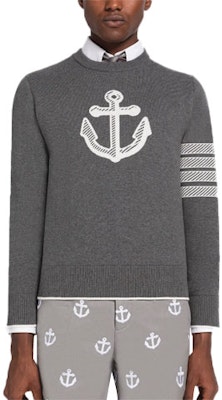 THOM BROWNE SS23 Sweater Abu Grey Four-Bar Anchor Jacquard Crewneck. MKA458A-Y3006-035 Order THOM BROWNE SS23 Sweater Abu Grey Four-Bar Anchor Jacquard Crewneck. MKA458A-Y3006-035