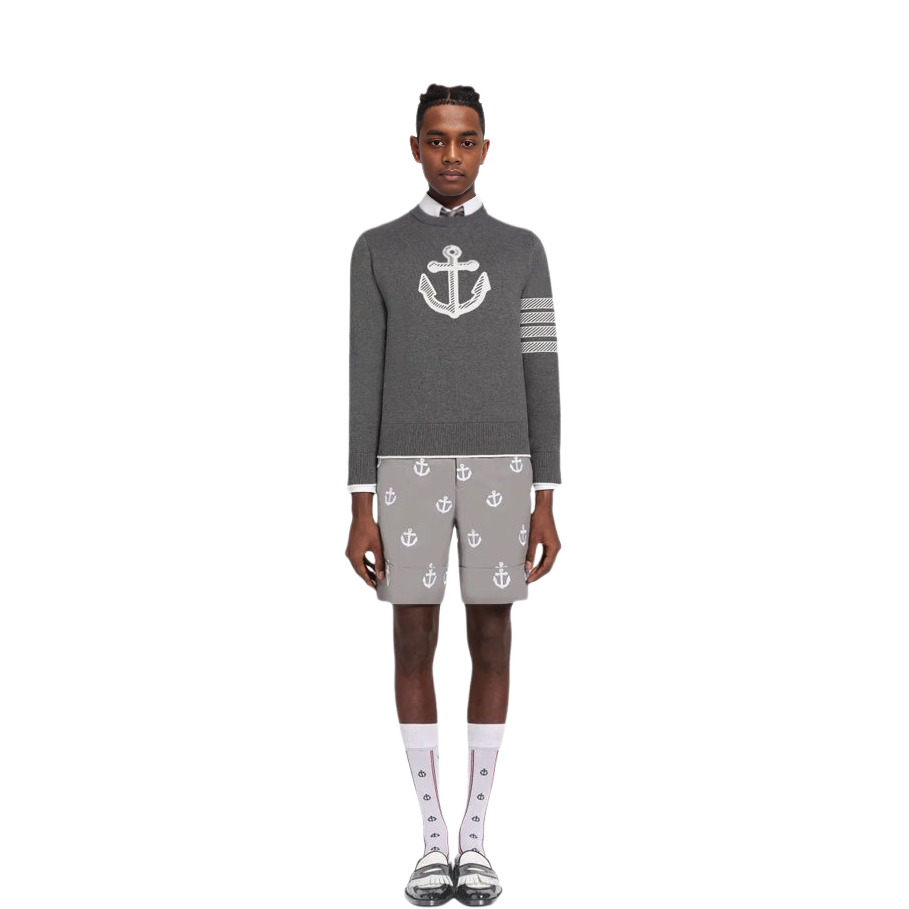 Lookbook THOM BROWNE SS23 Sweater Abu Grey Four-Bar Anchor Jacquard Crewneck. MKA458A-Y3006-035