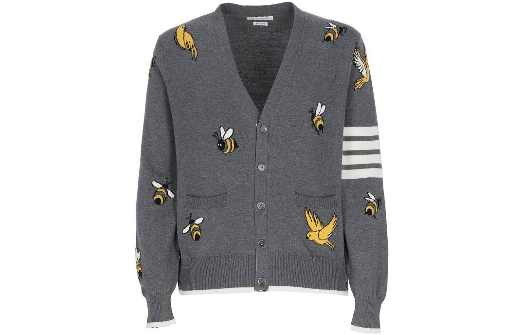 Thom Browne SS23  Grey Single-Breasted 4-Bar Intarsia Knit Cardigan. MKC451-AY1002-035