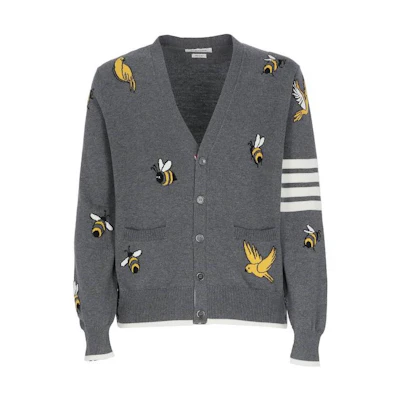 Thom Browne SS23 Grey Single-Breasted 4-Bar Intarsia Knit Cardigan. MKC451-AY1002-035