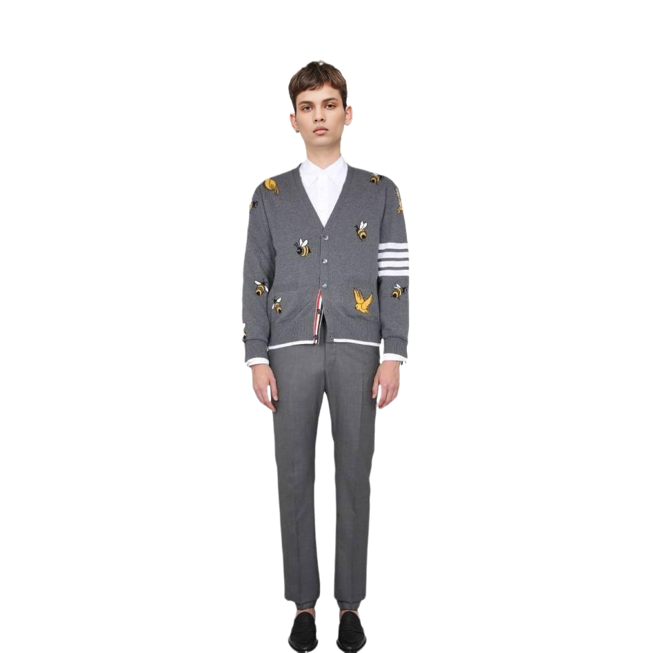 Lookbook Thom Browne SS23 Kardigan Rajutan 4-Bar Intarsia Kelabu. MKC451-AY1002-035