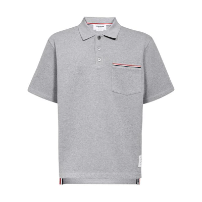 THOM BROWNE SS23 Grey Solid Short Sleeve Polo Shirt Casual Summer Wear. MJP171A-J0029-055