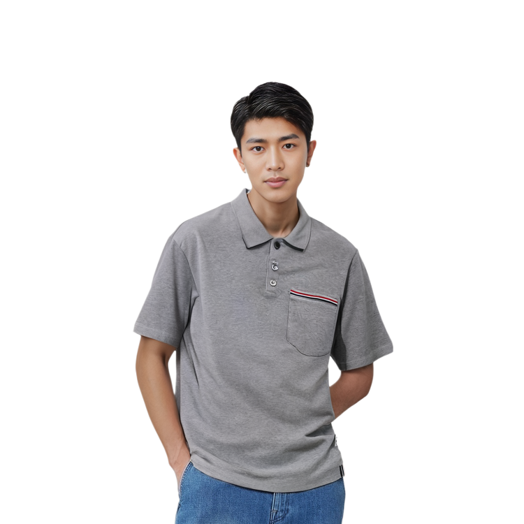Shop THOM BROWNE SS23 Abu-abu Polo Shirt Lengan Pendek Kasual Musim Panas. MJP171A-J0029-055