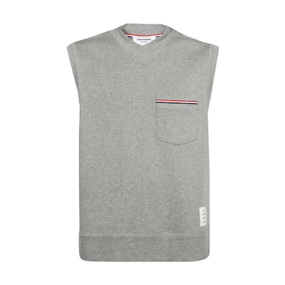 THOM BROWNE SS23 Grey Striped V-Neck Sleeveless Pullover Vest. MJV004A-J0029-055