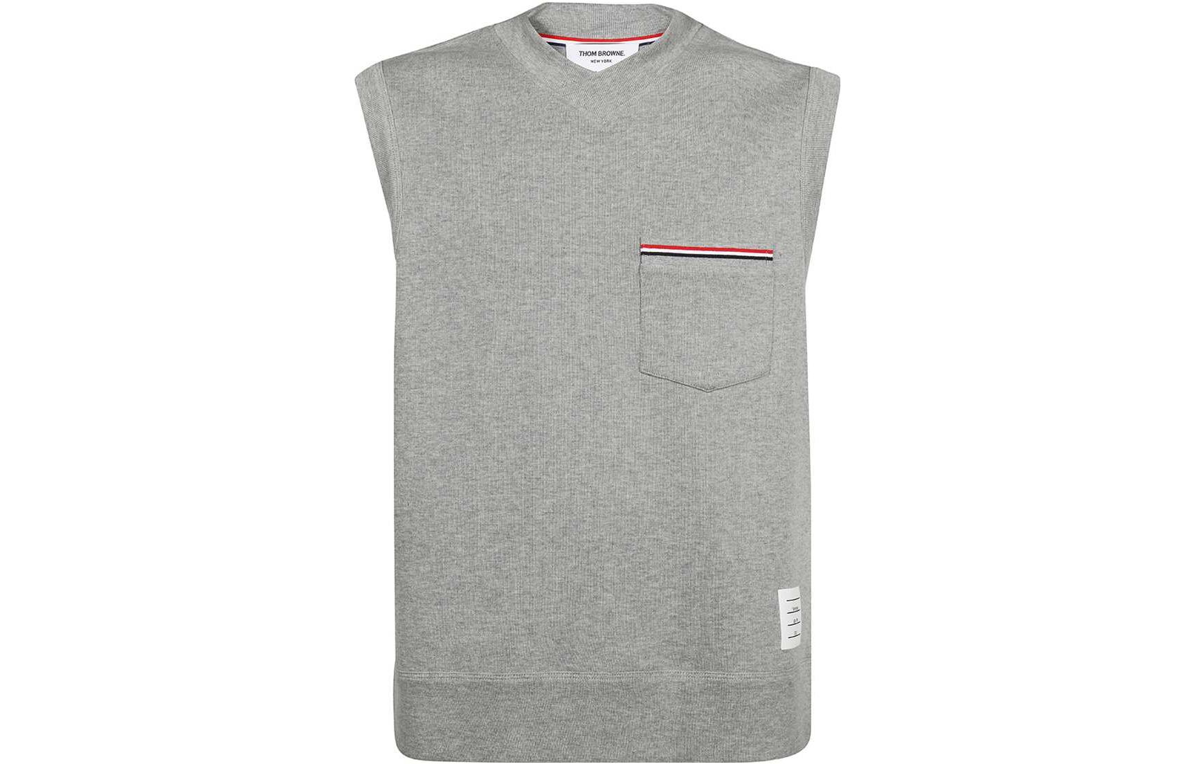 Order THOM BROWNE SS23  Grey Striped V-Neck Sleeveless Pullover Vest. MJV004A-J0029-055