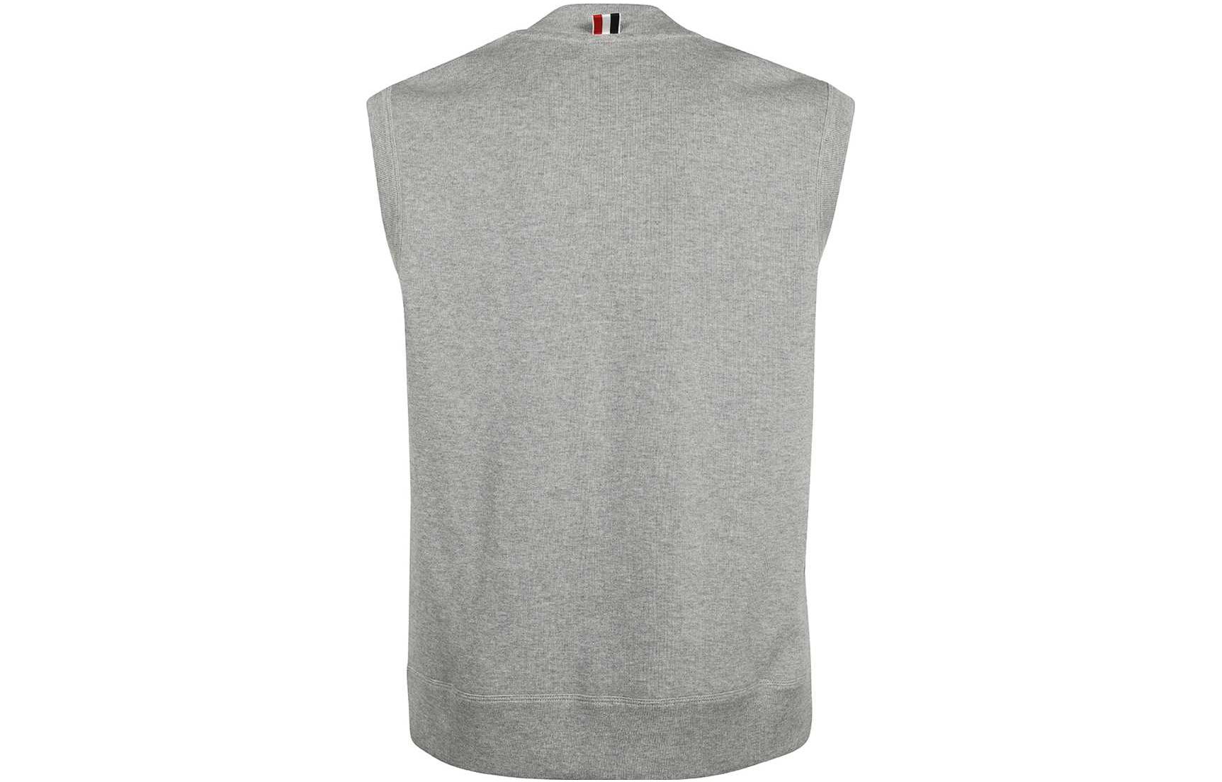 Lookbook THOM BROWNE SS23  Grey Striped V-Neck Sleeveless Pullover Vest. MJV004A-J0029-055