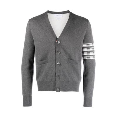Thom Browne SS23 Grey V-Neck Four-Bar Wool Cardigan Sweater. MKC469AY3006035