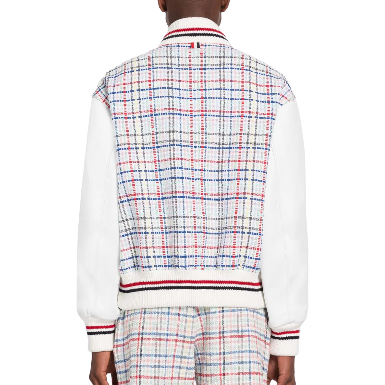 Shop THOM BROWNE SS23 Jaket Rajut Zip Kotak-Kotak Multicolor MJO198X-F0259-996