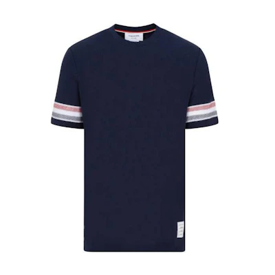 Thom Browne SS23 Navy Blue Striped Crew Neck Short Sleeve T-Shirt. MJS204AJ0046415