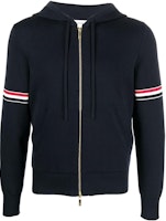 THOM BROWNE SS23 Navy Knitted Cotton Hoodie Cardigan with Arm Band Trim. MKT008A-Y3007-415 THOM BROWNE SS23 Navy Knitted Cotton Hoodie Cardigan with Arm Band Trim. MKT008A-Y3007-415