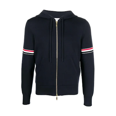THOM BROWNE SS23 Navy Knitted Cotton Hoodie Cardigan with Arm Band Trim. MKT008A-Y3007-415