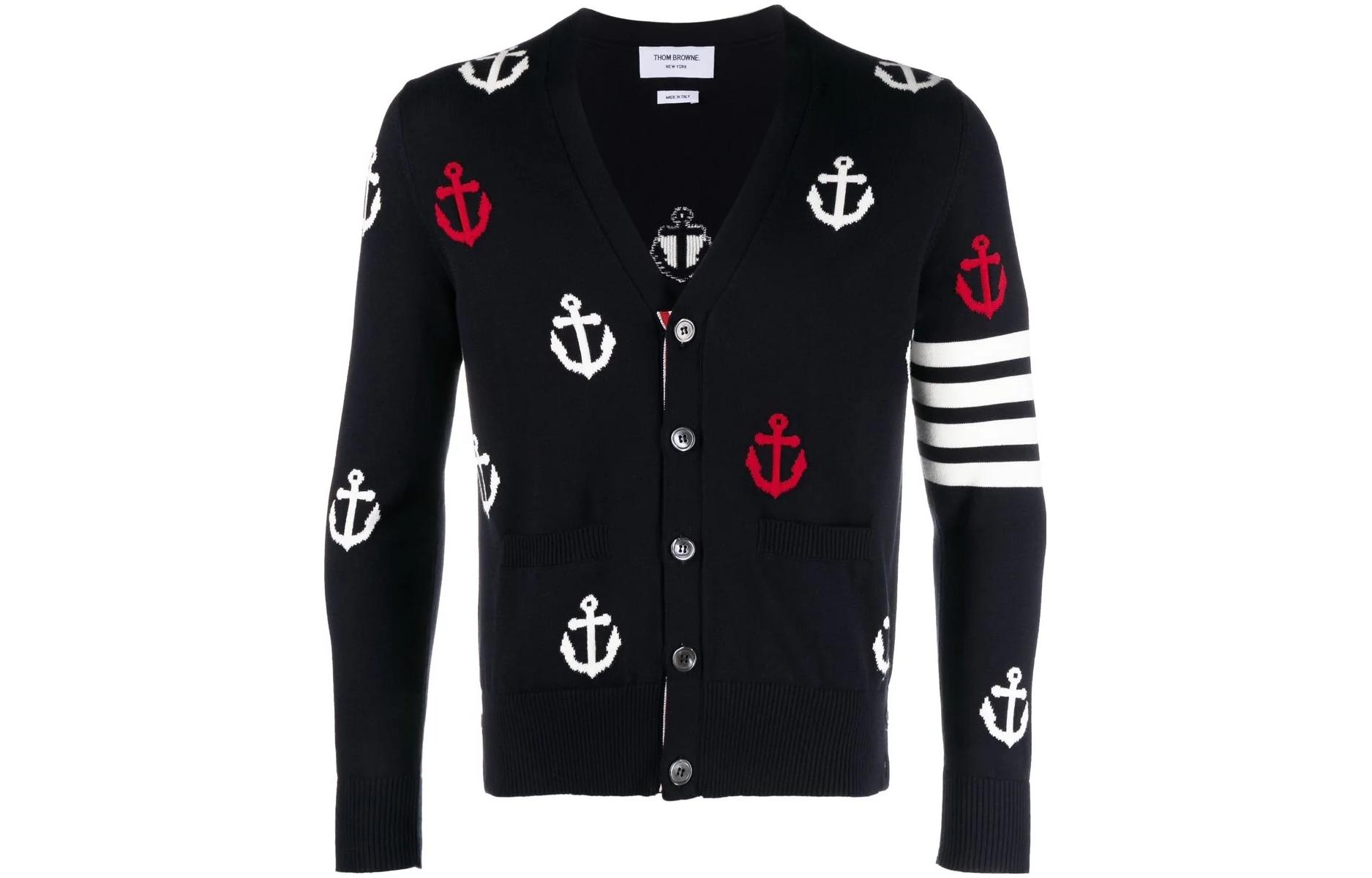 THOM BROWNE SS23  Navy Striped Anchor V-Neck Button Cardigan Sweater. MKC467A-Y3007-415