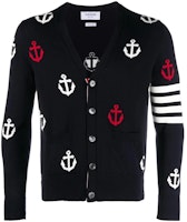 THOM BROWNE SS23 Navy Striped Anchor V-Neck Button Cardigan Sweater. MKC467A-Y3007-415 THOM BROWNE SS23 Navy Striped Anchor V-Neck Button Cardigan Sweater. MKC467A-Y3007-415