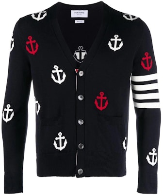 トムブラウン SS23 ネイビー ストライプ アンカー Vネック ボタン カーディガン セーター MKC467A-Y3007-415 Order トムブラウン SS23 ネイビー ストライプ アンカー Vネック ボタン カーディガン セーター MKC467A-Y3007-415