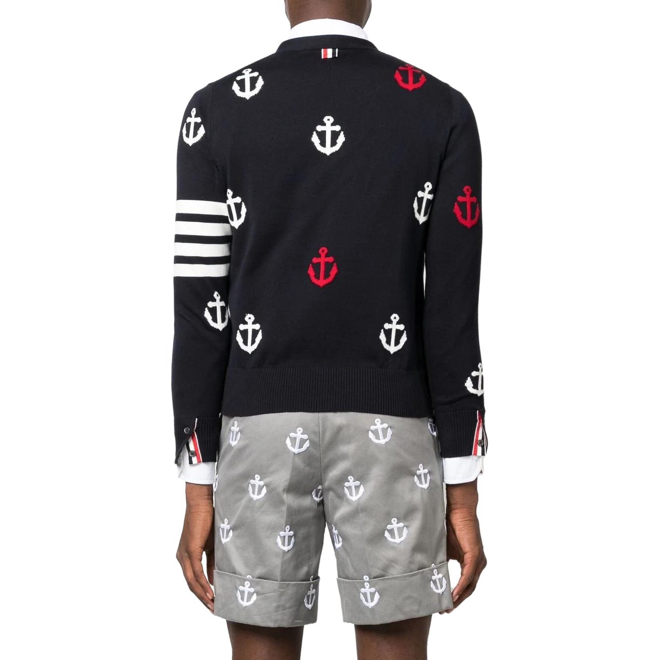 Shop トムブラウン SS23 ネイビー ストライプ アンカー Vネック ボタン カーディガン セーター MKC467A-Y3007-415