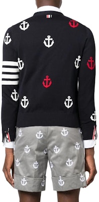 トムブラウン SS23 ネイビー ストライプ アンカー Vネック ボタン カーディガン セーター MKC467A-Y3007-415 Shop トムブラウン SS23 ネイビー ストライプ アンカー Vネック ボタン カーディガン セーター MKC467A-Y3007-415