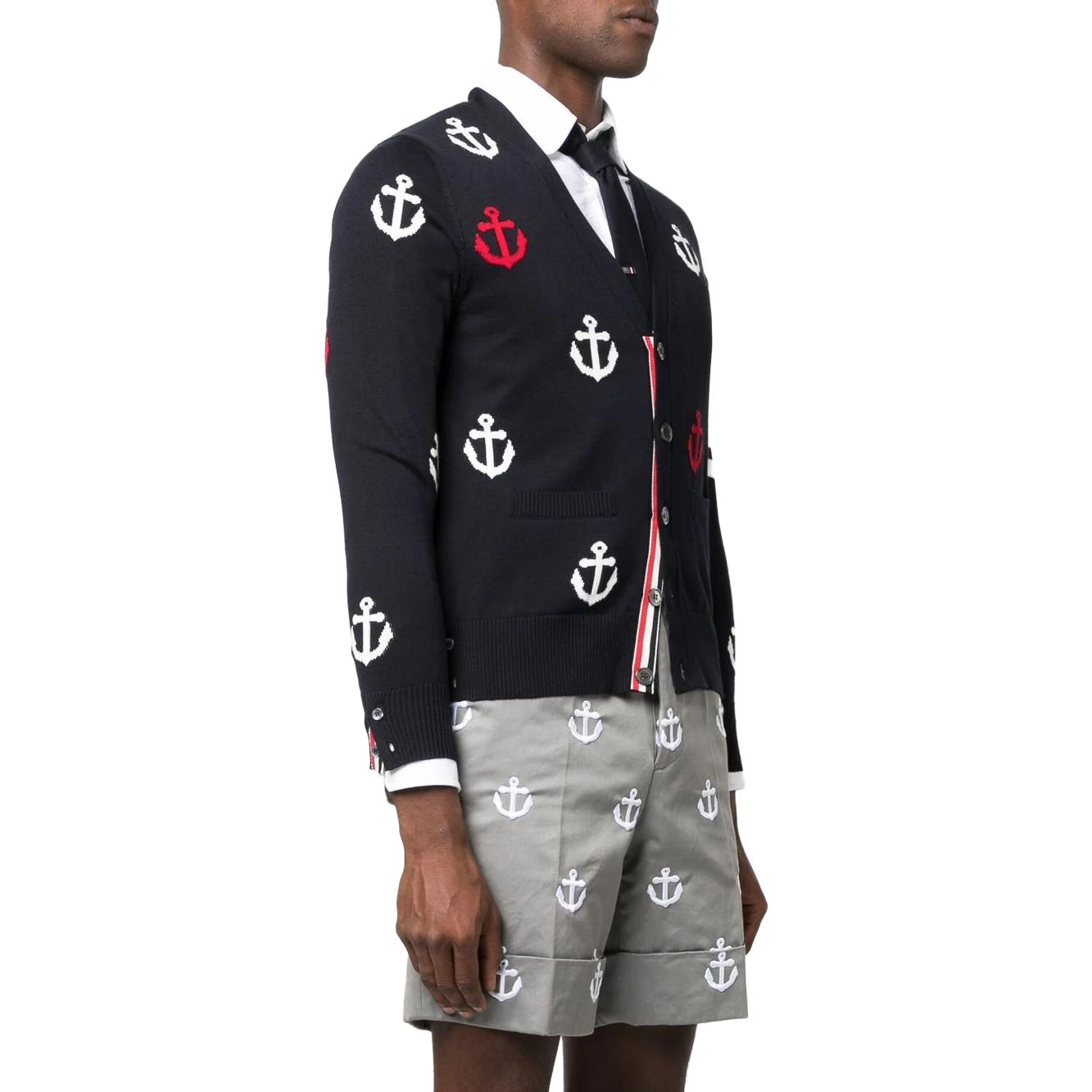 Purchase トムブラウン SS23 ネイビー ストライプ アンカー Vネック ボタン カーディガン セーター MKC467A-Y3007-415