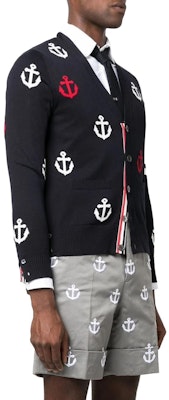 トムブラウン SS23 ネイビー ストライプ アンカー Vネック ボタン カーディガン セーター MKC467A-Y3007-415 Purchase トムブラウン SS23 ネイビー ストライプ アンカー Vネック ボタン カーディガン セーター MKC467A-Y3007-415