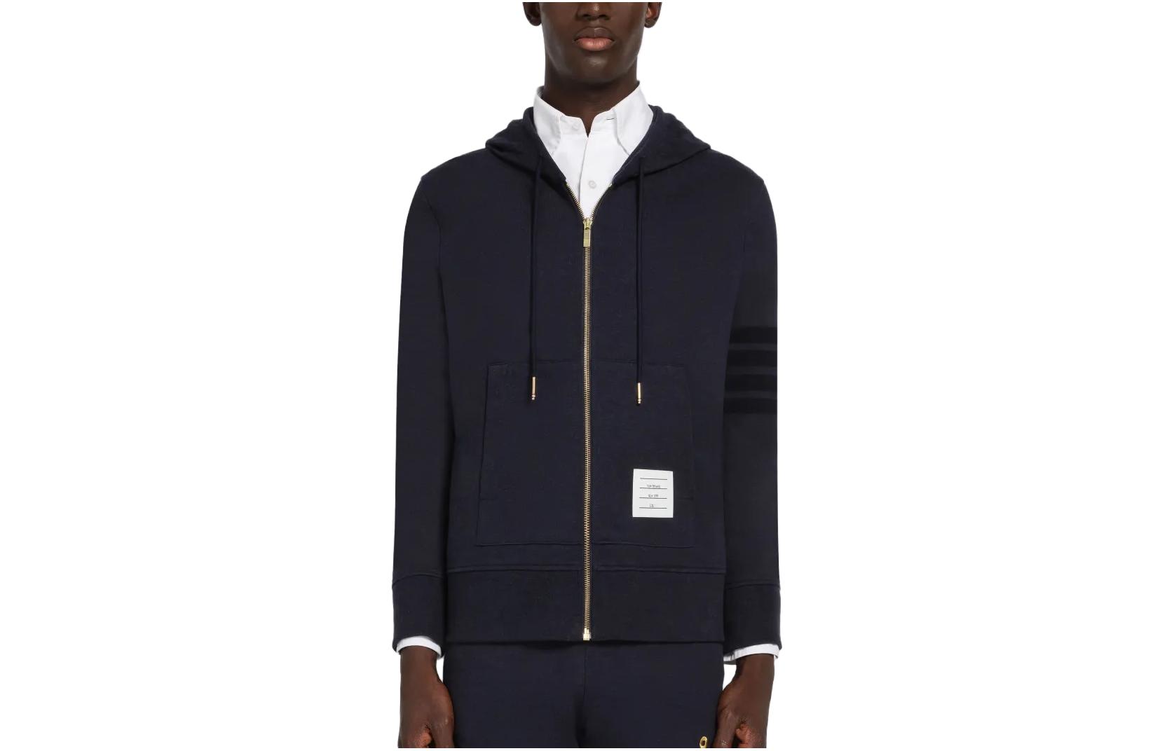 THOM BROWNE SS23  Navy Zip-Up Hoodie with Classic 4-Stripes Design. MJT375E-J0010-415