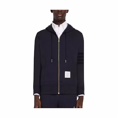 THOM BROWNE SS23 Navy Zip-Up Hoodie with Classic 4-Stripes Design. MJT375E-J0010-415