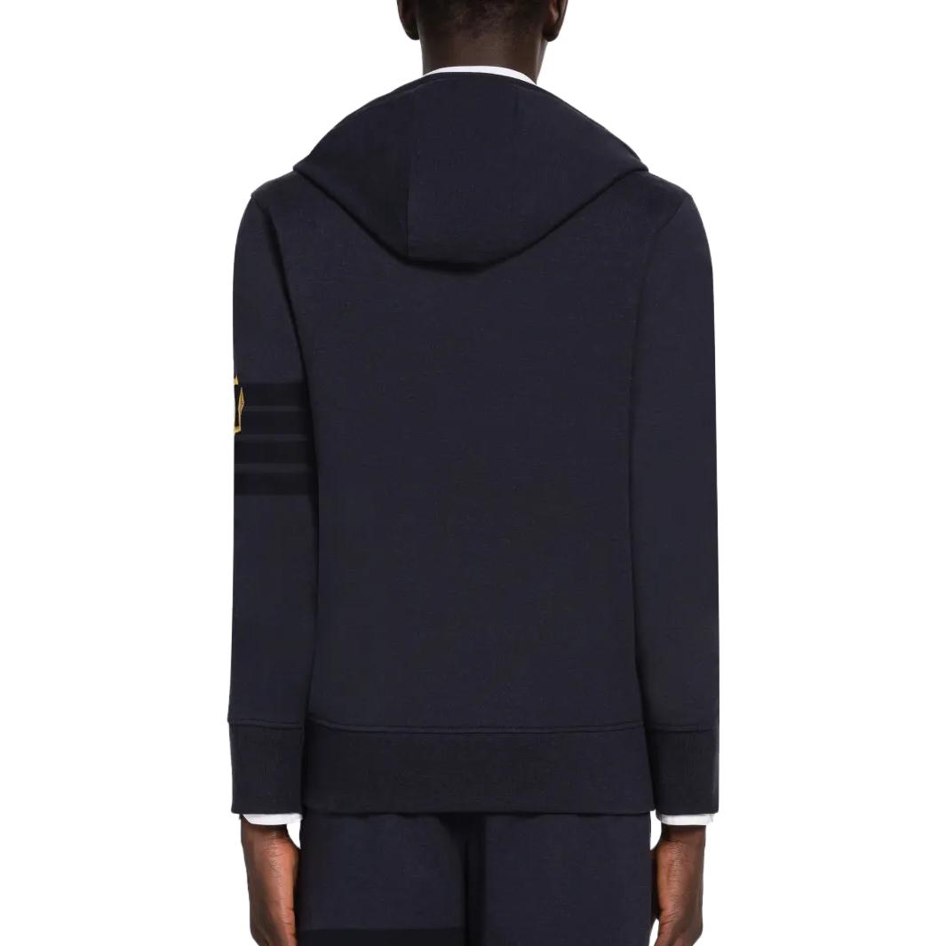 Shop 톰 브라운 SS23 네이비 집업 후디 클래식 4-스트라이프 디자인. MJT375E-J0010-415