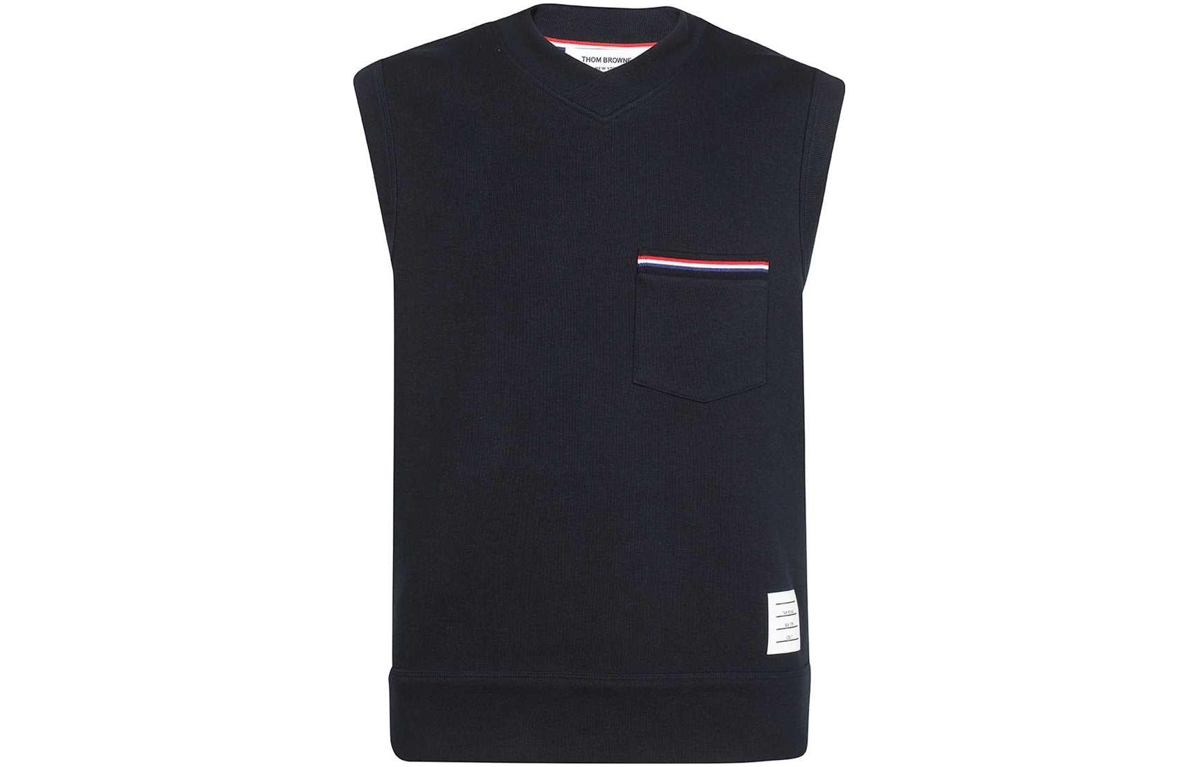 THOM BROWNE SS23  Solid V-Neck Knit Sleeveless Vest Navy Blue. MJV004A-J0029-415