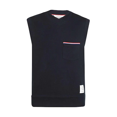 THOM BROWNE SS23 Solid V-Neck Knit Sleeveless Vest Navy Blue. MJV004A-J0029-415