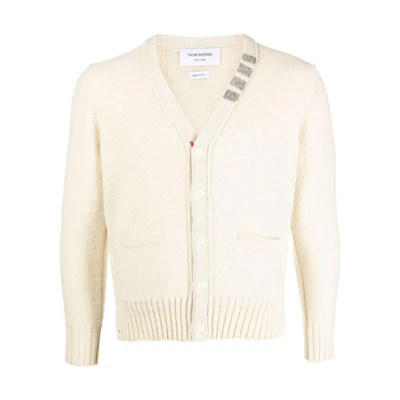 THOM BROWNE SS23 Speckled V-Neck Button-Up Sweater Off-White. MKC455A-Y1032-100