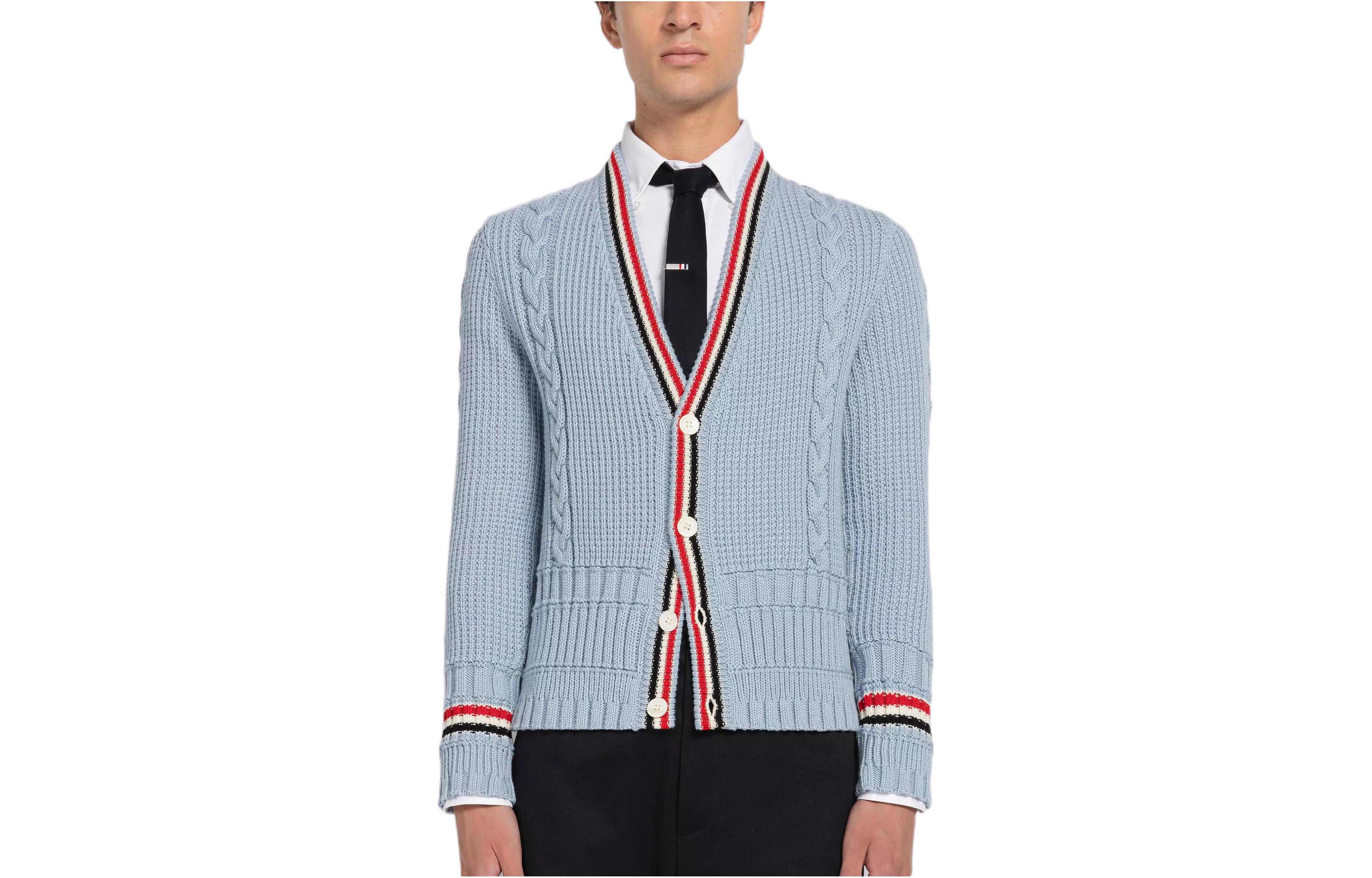 THOM BROWNE SS23  Striped Wool Knit Sweater Light Blue MKC454A-Y1024-480