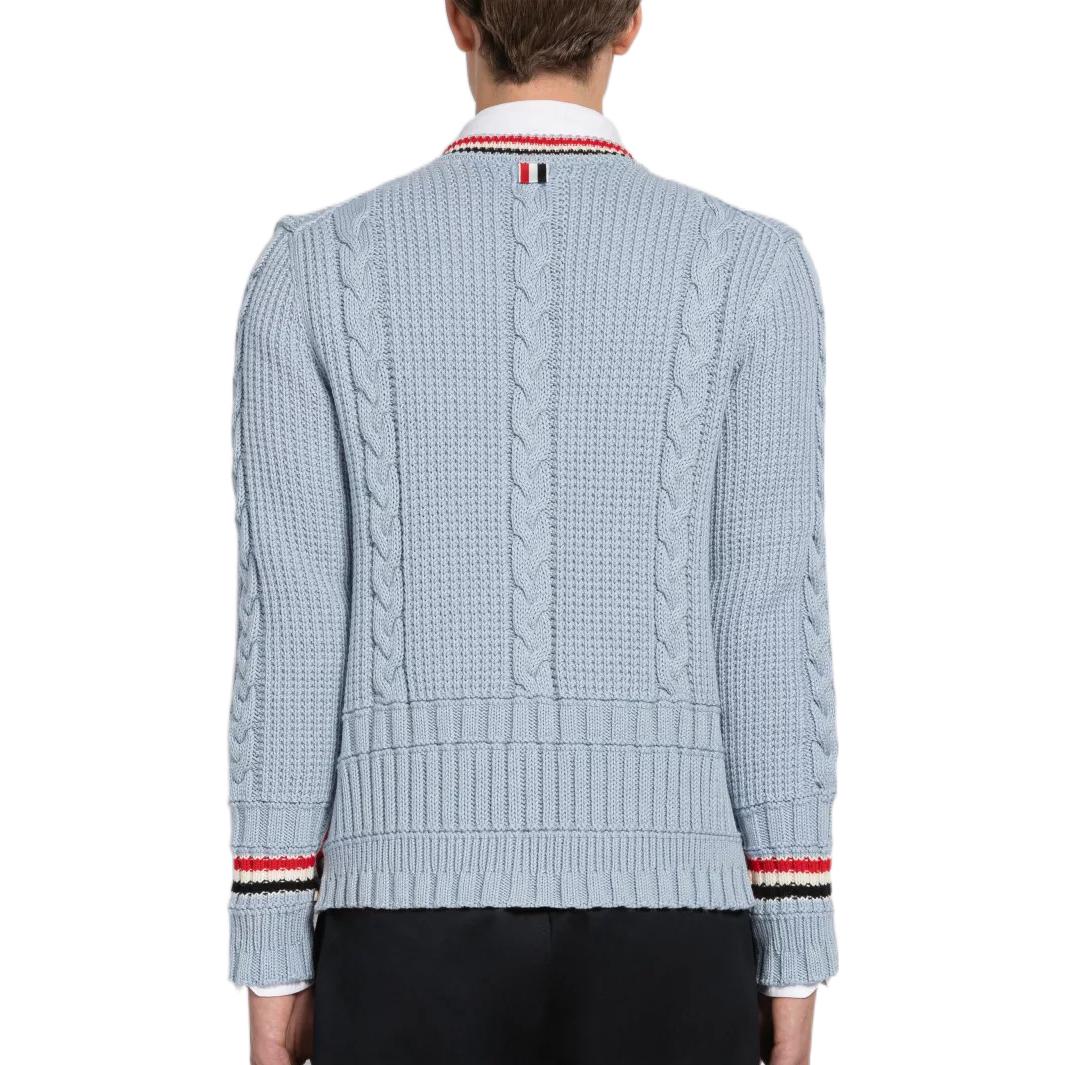 Shop THOM BROWNE SS23 条纹羊毛针织衫 浅蓝色 MKC454A-Y1024-480