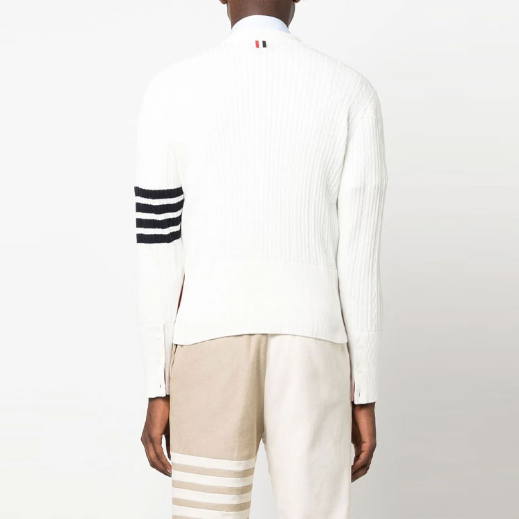 Shop THOM BROWNE SS23 Kardigan Rajut Putih 4-Bar MKC472A-Y3014-100