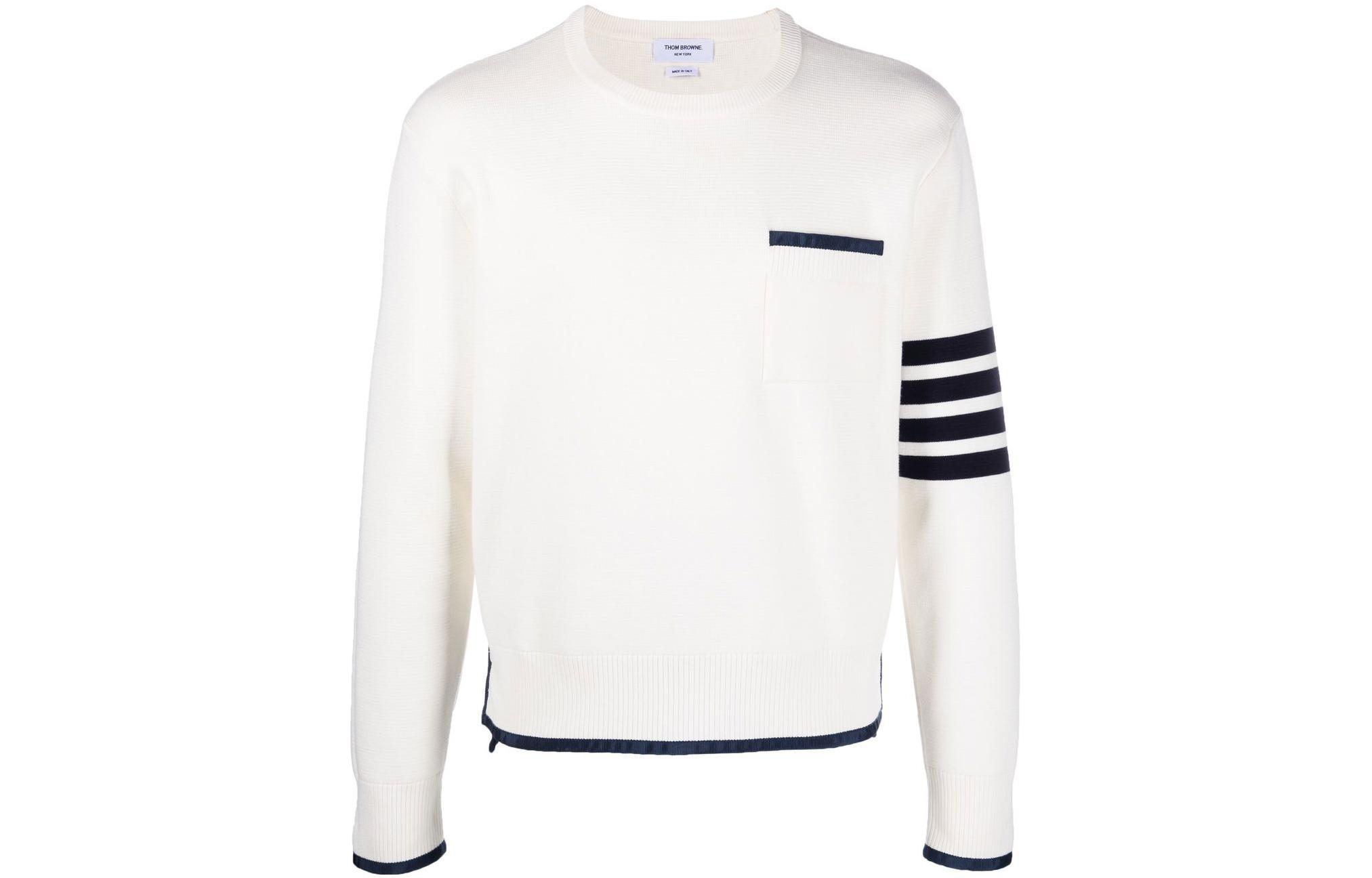 THOM BROWNE SS23  White 4-Bar Ribbed Crewneck Sweater. MKA452A-Y3006-100