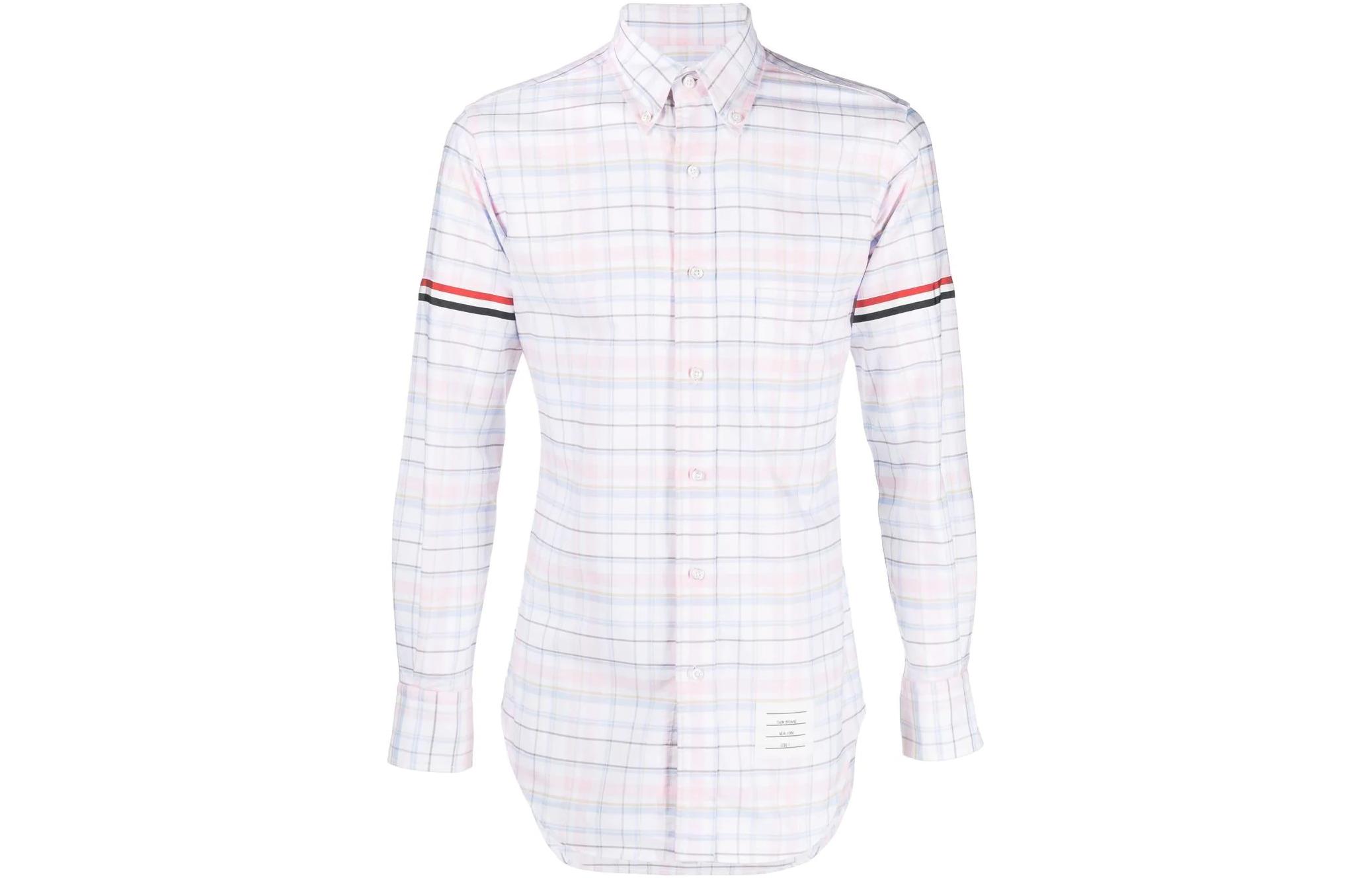 Order THOM BROWNE SS23 Kemeja Lengan Panjang Putih Motif Kotak Single-Breasted MWL150A-F0182-680