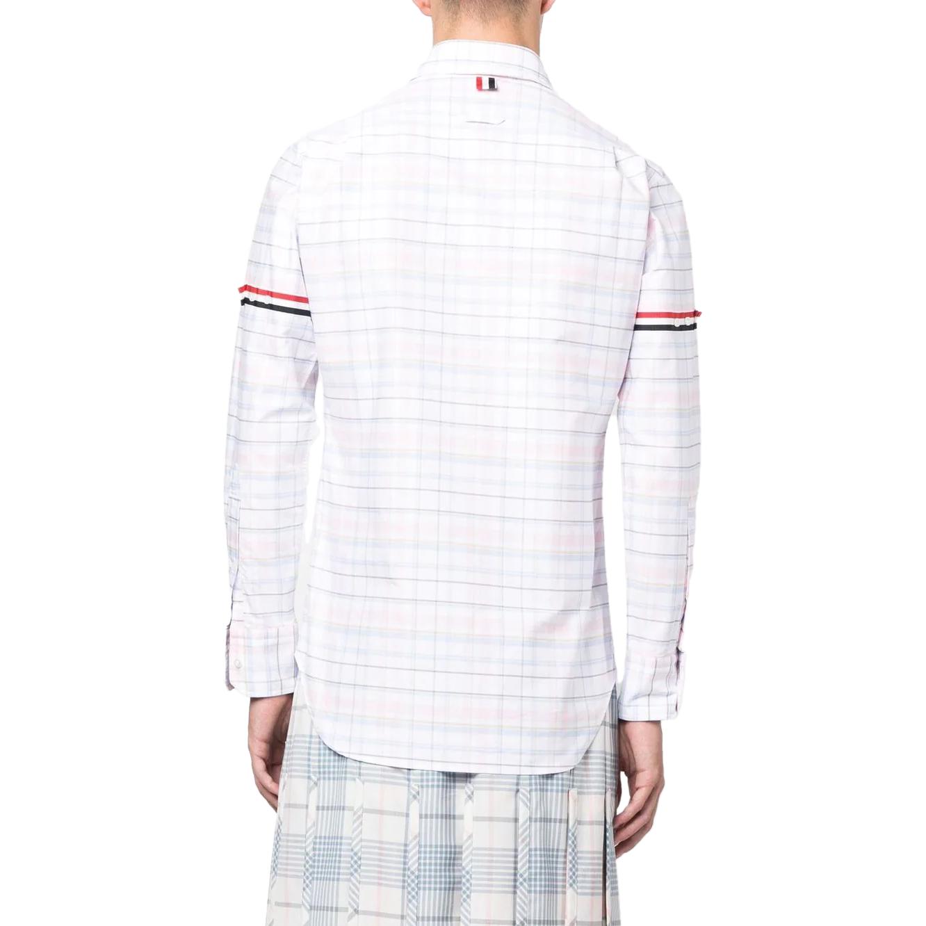 Shop THOM BROWNE SS23 Kemeja Lengan Panjang Putih Motif Kotak Single-Breasted MWL150A-F0182-680