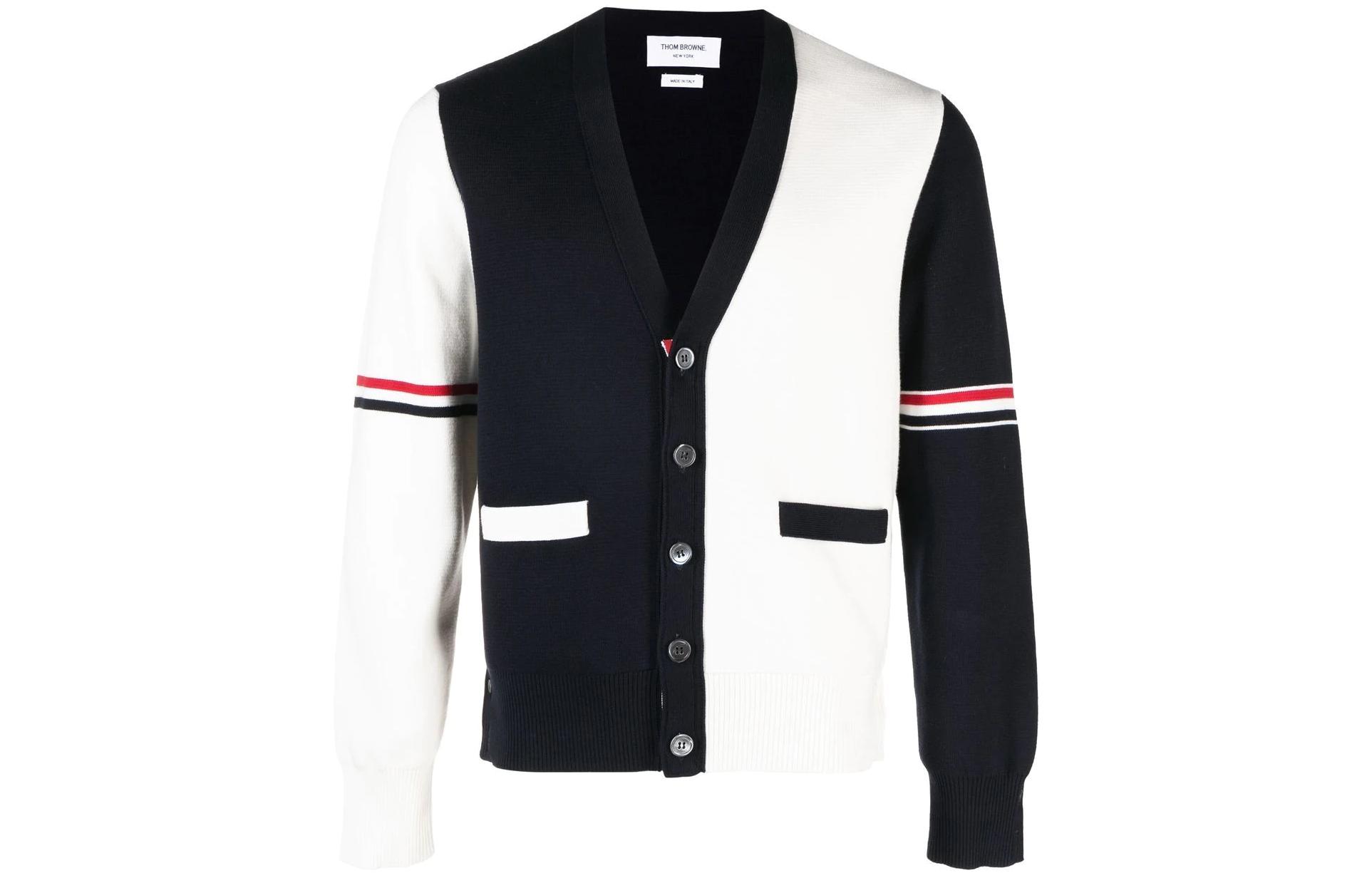 THOM BROWNE SS23  White Colorblock Stripe V-Neck Knit Cardigan Sweater. MKC310F-Y3007-100