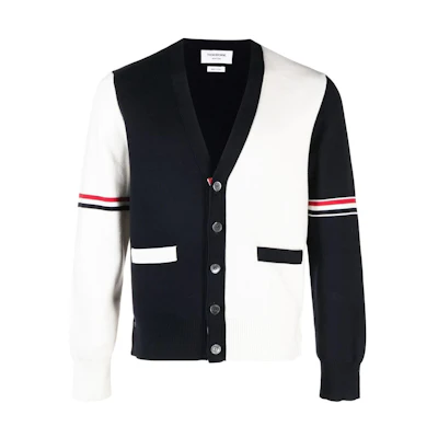 THOM BROWNE SS23 White Colorblock Stripe V-Neck Knit Cardigan Sweater. MKC310F-Y3007-100