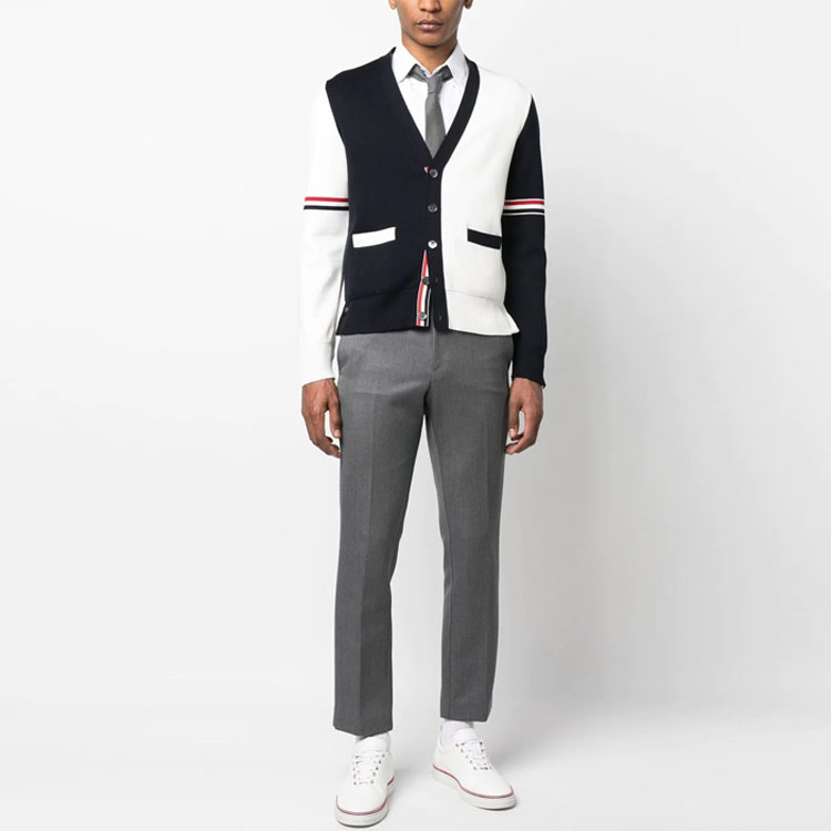 THOM BROWNE SS23  White Colorblock Stripe V-Neck Knit Cardigan Sweater. MKC310F-Y3007-100 圖 3
