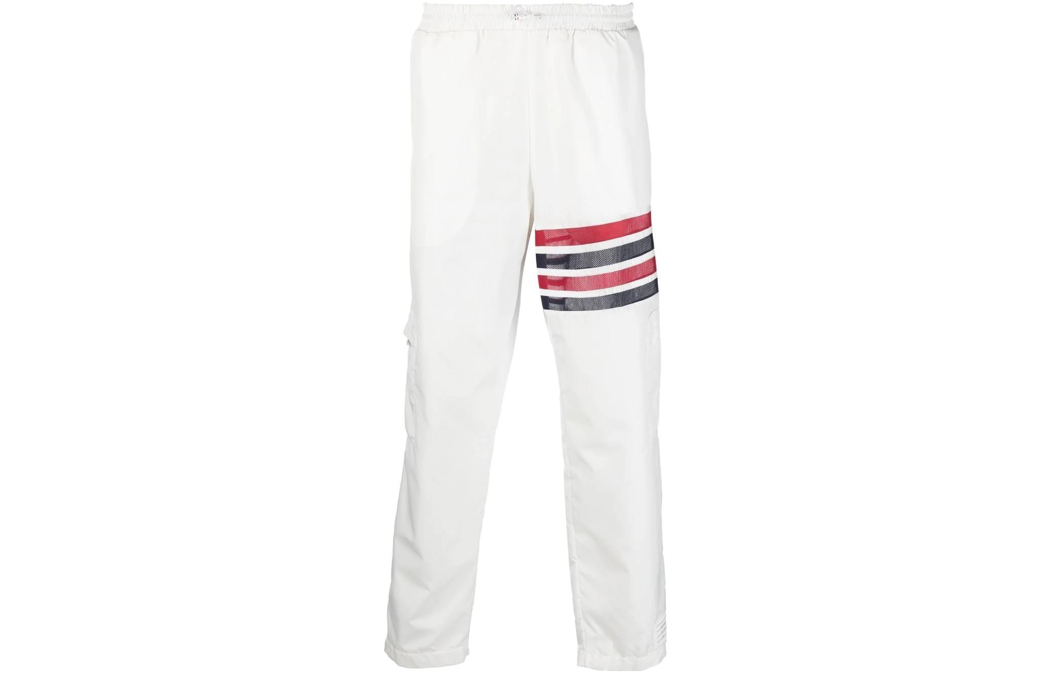 Thom Browne SS23  White Lightweight 4-Bar Track Pants with Self-Packable Design. MJQ163A-F0197-100