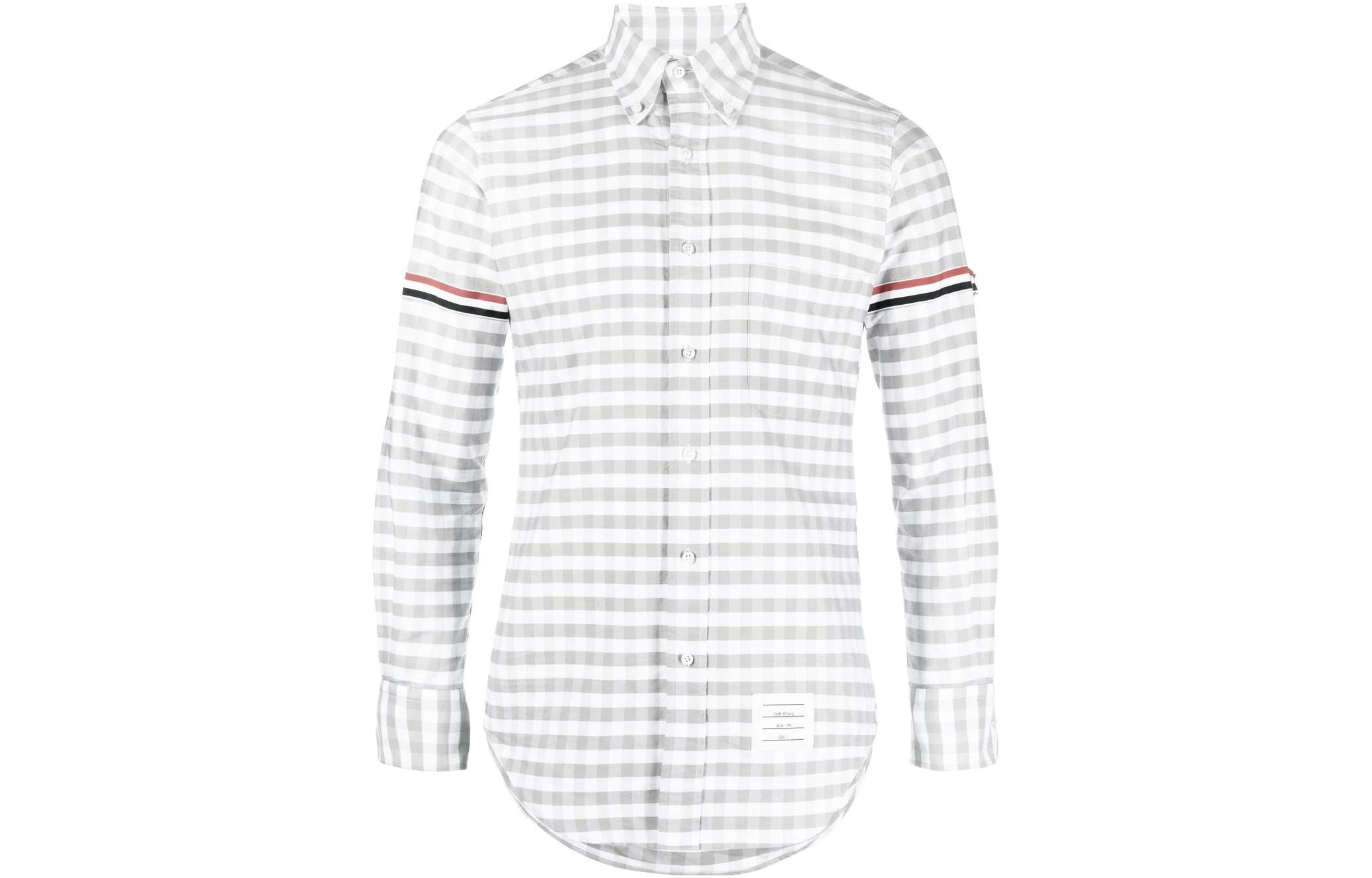Order Camisa Gris Thom Browne SS23 Cuatro Barras Cuadros Manga Larga. MWL150E-04569-035