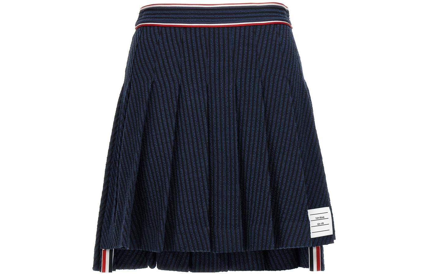 THOM BROWNE SS23 Navy Blue Pleated Mini Skirt with Collegiate Stripes. FJK091A-F0302-415