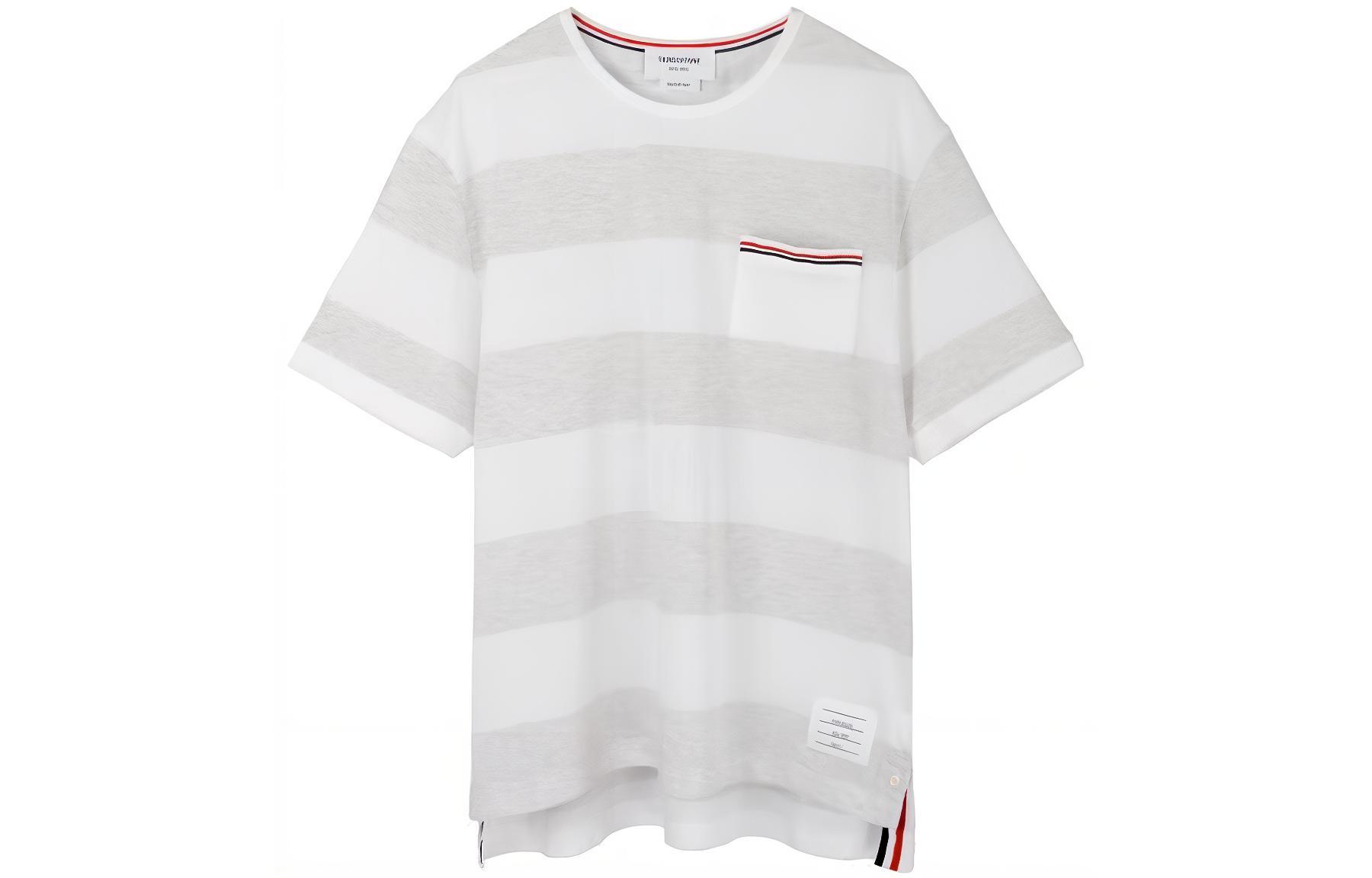 THOM BROWNE SS23 Stripe Pocket Crewneck White T-Shirt  Fashion. MJS201A-J0049