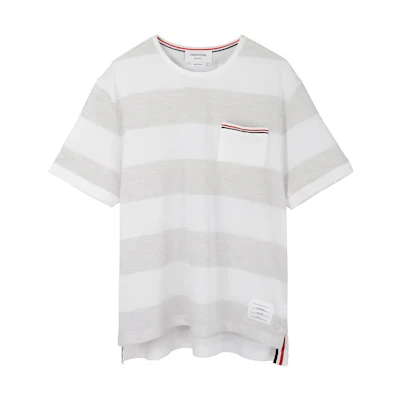 THOM BROWNE SS23 Stripe Pocket Crewneck White T-Shirt Fashion. MJS201A-J0049